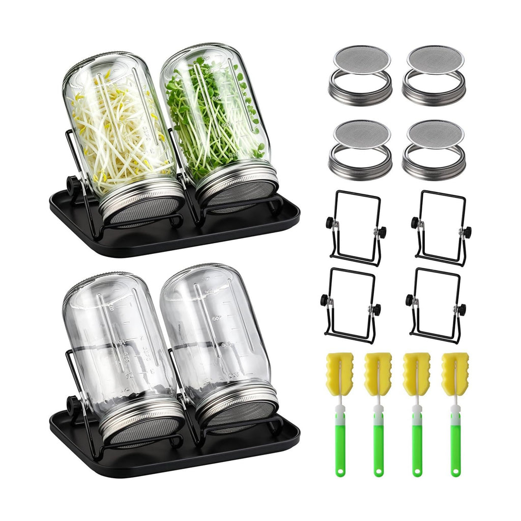 Sprouting Jar Kit 4 PCS 1000ml(35oz) Wide Mouth Mason Jars with 304 Stainless Steel Sprout Lids Drain Tray Stainless
