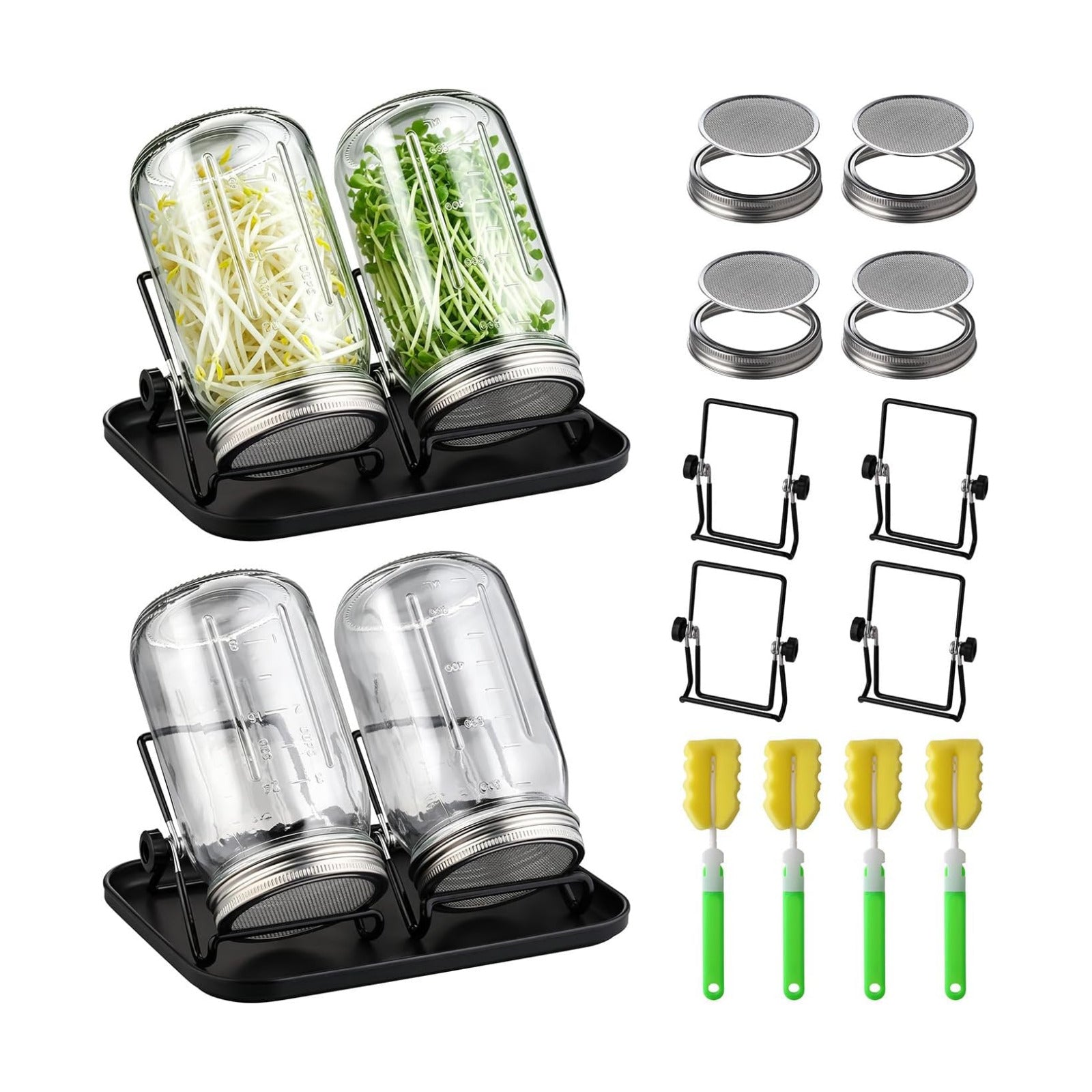 Sprouting Jar Kit 4 PCS 1000ml(35oz) Wide Mouth Mason Jars with 304 Stainless Steel Sprout Lids Drain Tray Stainless