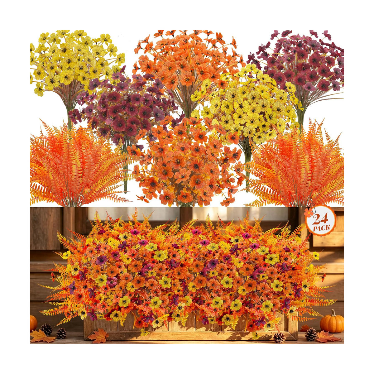Der Rose 24Pcs Artificial Fall Flowers for Outdoors, Fake Mums and Ferns