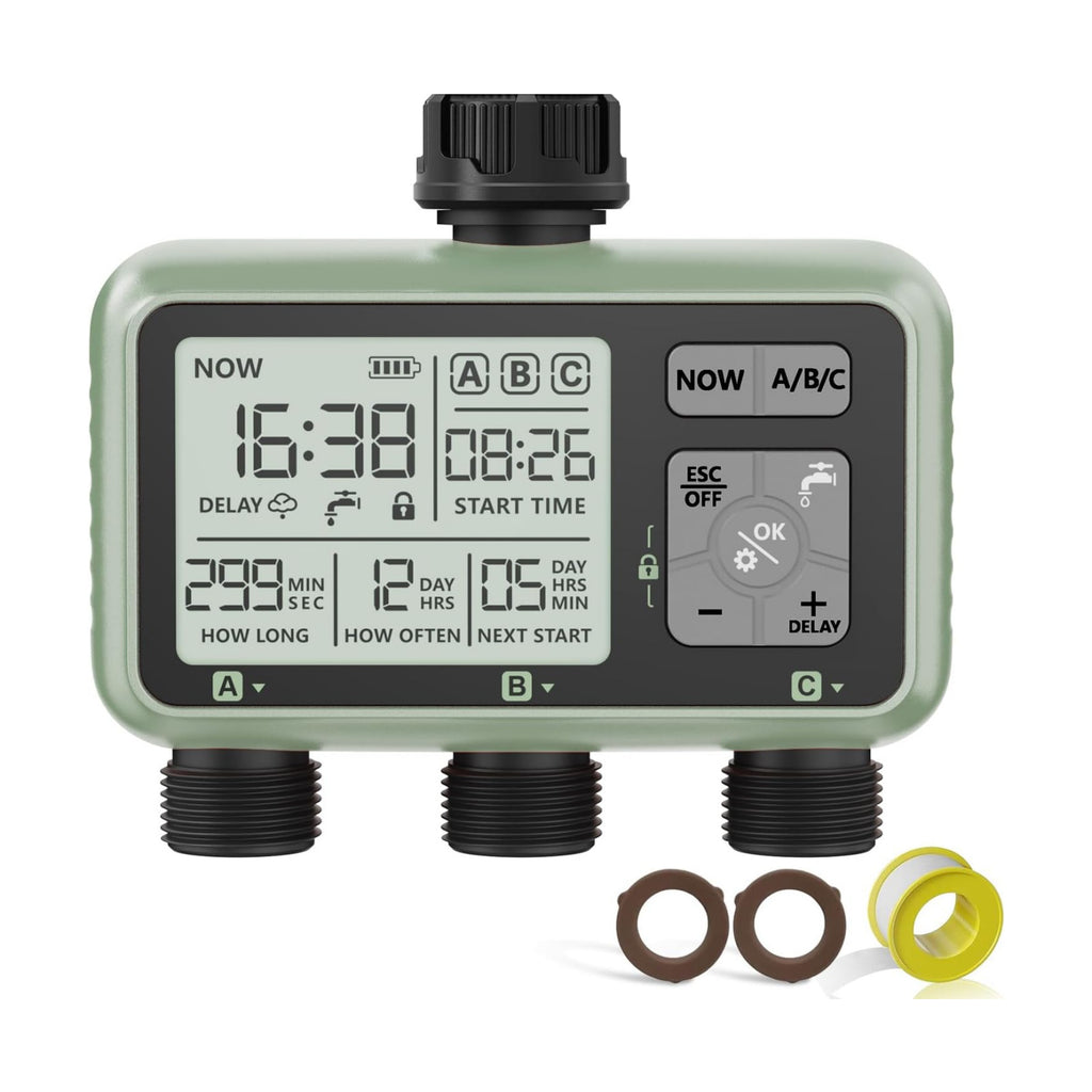 3 Zone Sprinkler Timer, Programmable Water Timer for Garden Hose | 3 independent zones, programmable watering, rain