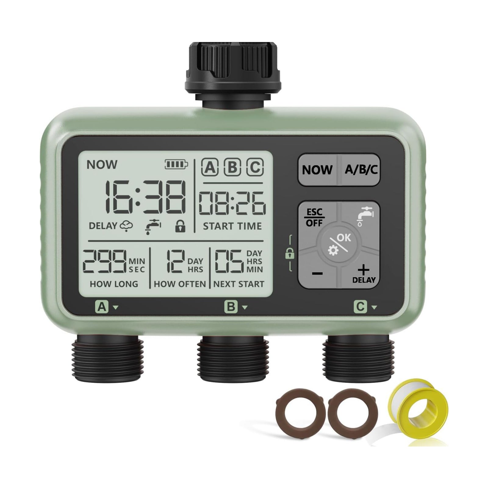 3 Zone Sprinkler Timer, Programmable Water Timer for Garden Hose | 3 independent zones, programmable watering, rain