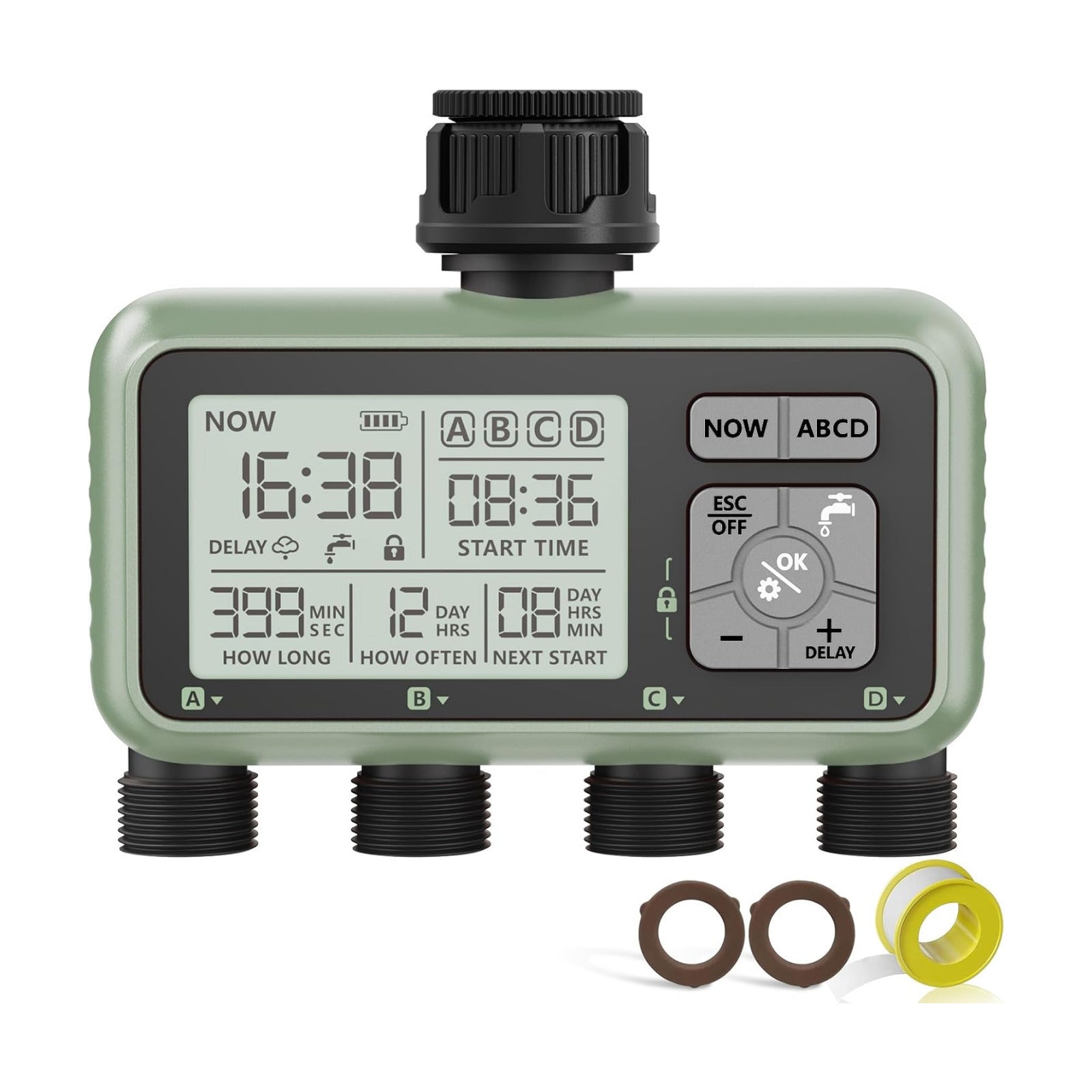 4 Zone Sprinkler Timer, Programmable Water Timer for Garden Hose | 4 independent zones, programmable watering, rain
