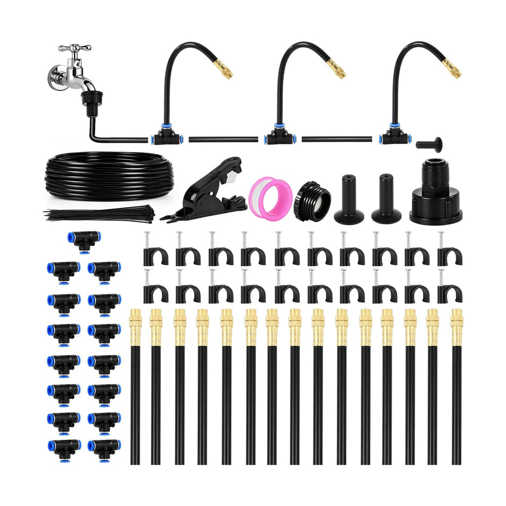 360° Adjustable Drip Irrigation System Kit, 50 FT Garden Watering System with 15 Copper Nozzles, Automatic Misting