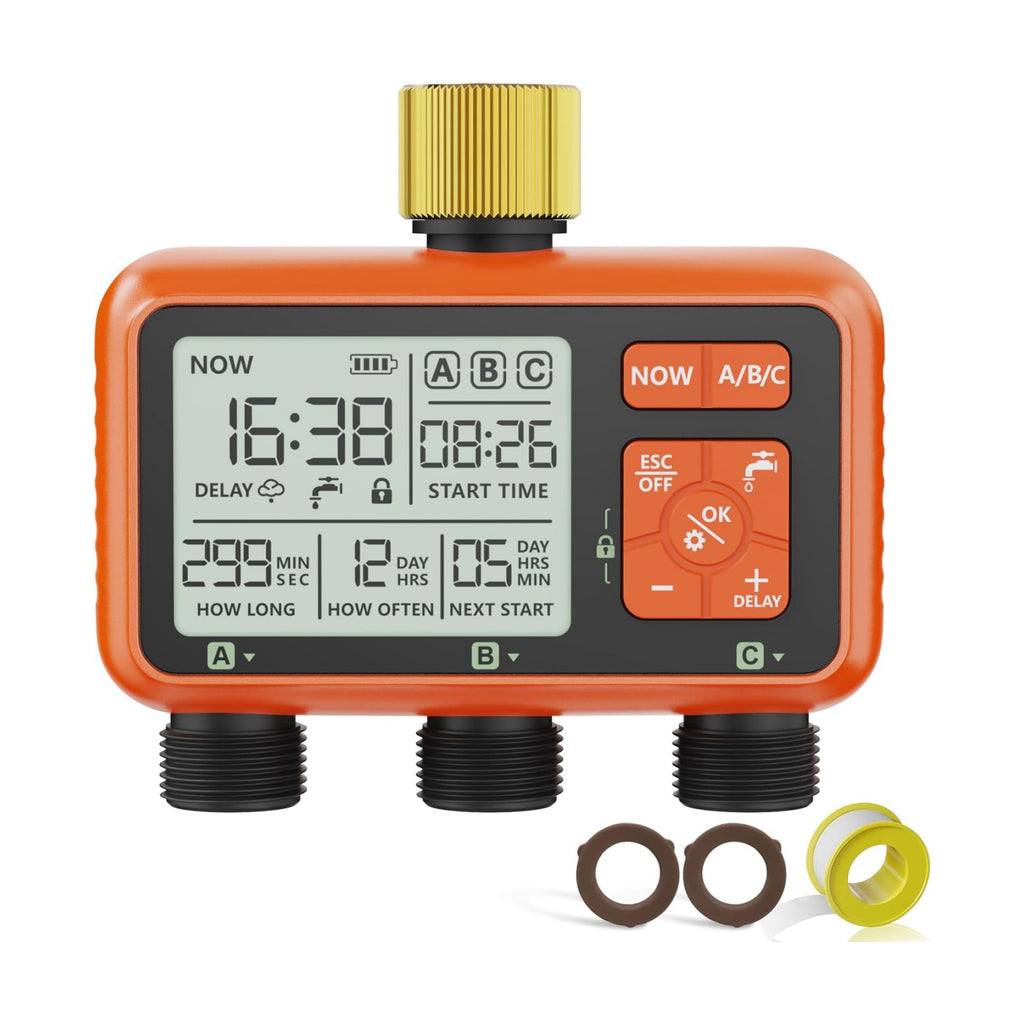 Sprinkler Timer 3 Zone with Brass Inlet Water Timer for Garden | Programmable Hose Faucet Controller with Independent