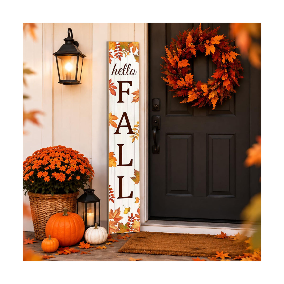 HELLO FALL Porch Sign, 47.2 Inch Wooden Vertical Sign, Maple Leaf Decor
