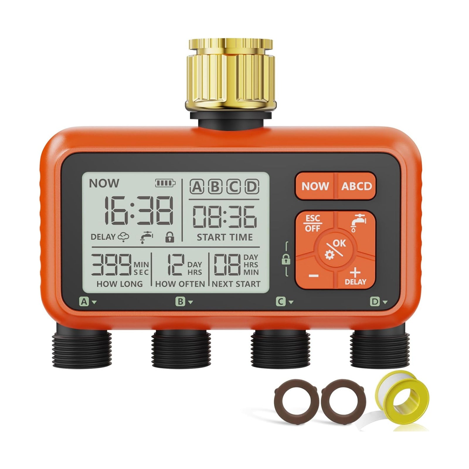 Sprinkler Timer 4 Zone with Brass Inlet Water Timer for Garden | Programmable Faucet Controller with Independent Zone