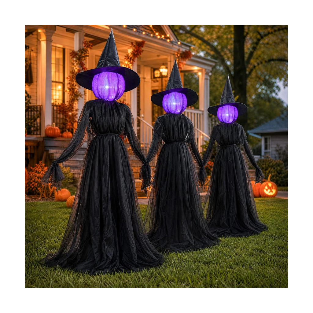 Dazzle Bright Halloween Witch Decorations Outdoor, 5 FT Set of 3 Light Up Head Holding Hands Witch with Stakes, Waterproof Witch Decor for Garden Yard Lawn Haunted House Decor