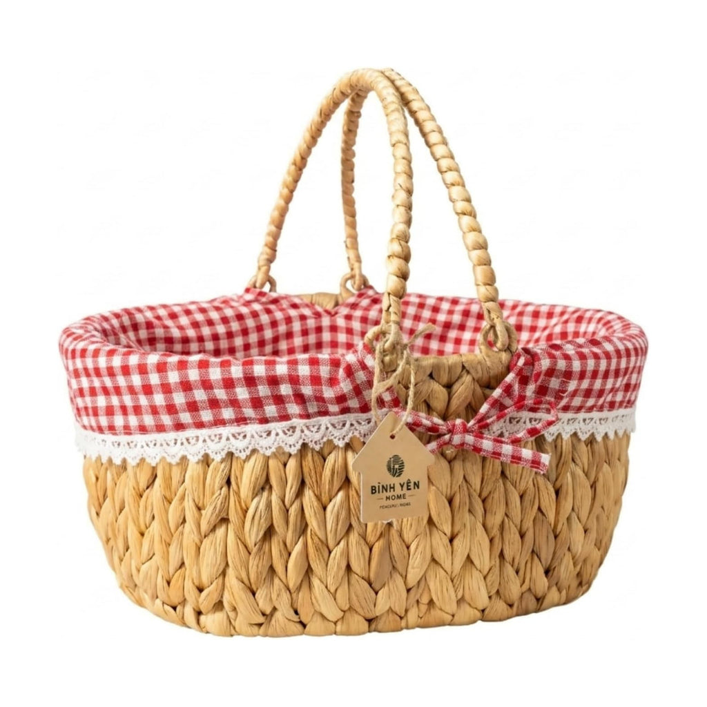Wicker Basket with Handles and Lining, Handwoven Water Hyacinth Picnic Hamper, Oval Basket for Camping, Outdoor, Fruit