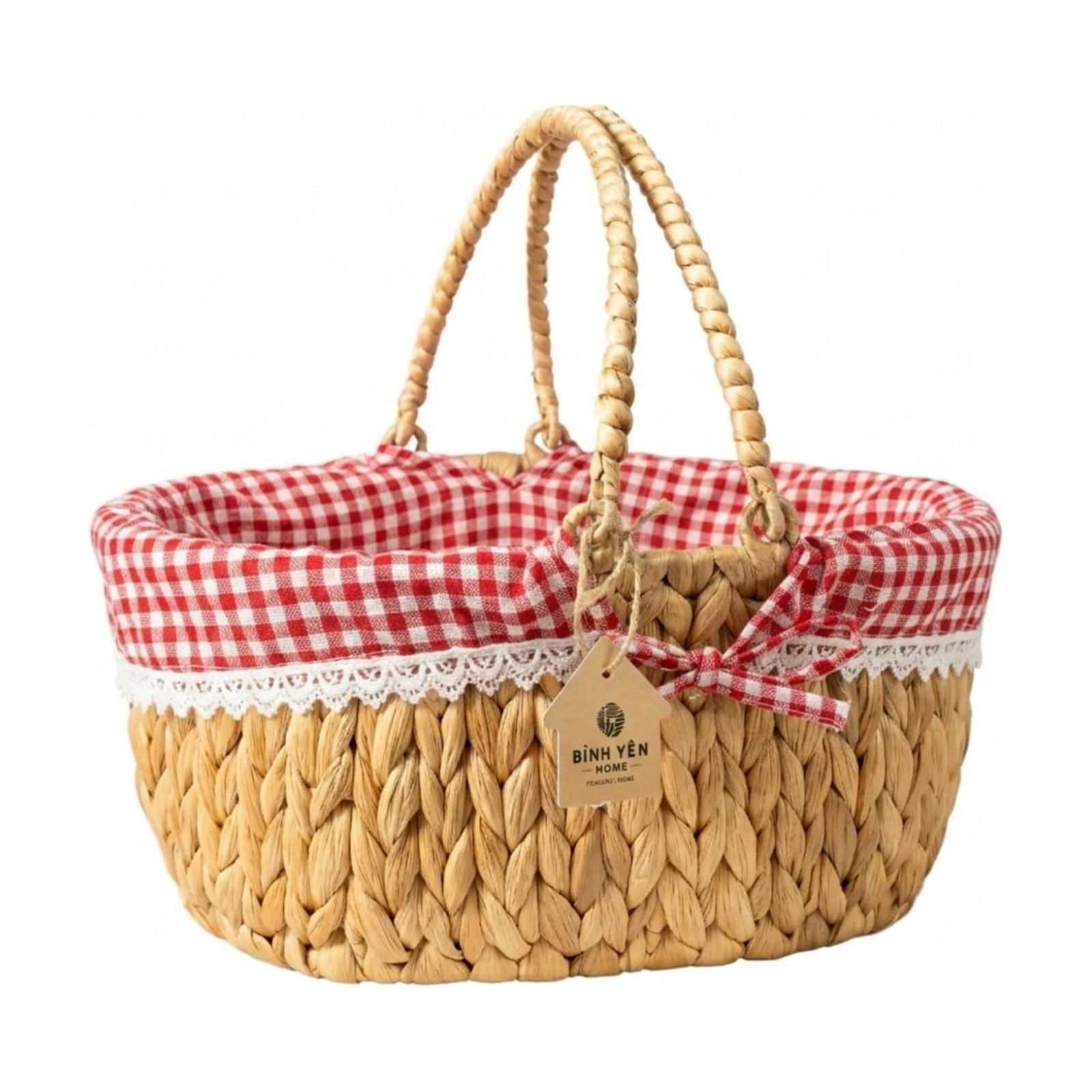 Wicker Basket with Handles and Lining, Handwoven Water Hyacinth Picnic Hamper, Oval Basket for Camping, Outdoor, Fruit