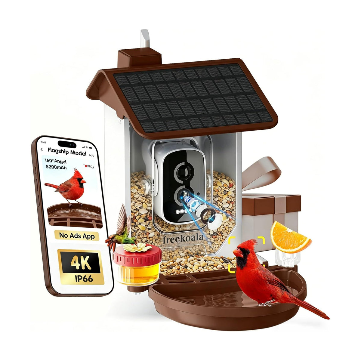 Bird Feeder with Camera, Flagship Model, 4K UHD, 160° Wide Angle AI Bird Camera, Instant Arrival Alerts, Solar Powered, 5200mAh Battery, IP66 Waterproof Outdoor, Gift for Bird Lovers, Brown