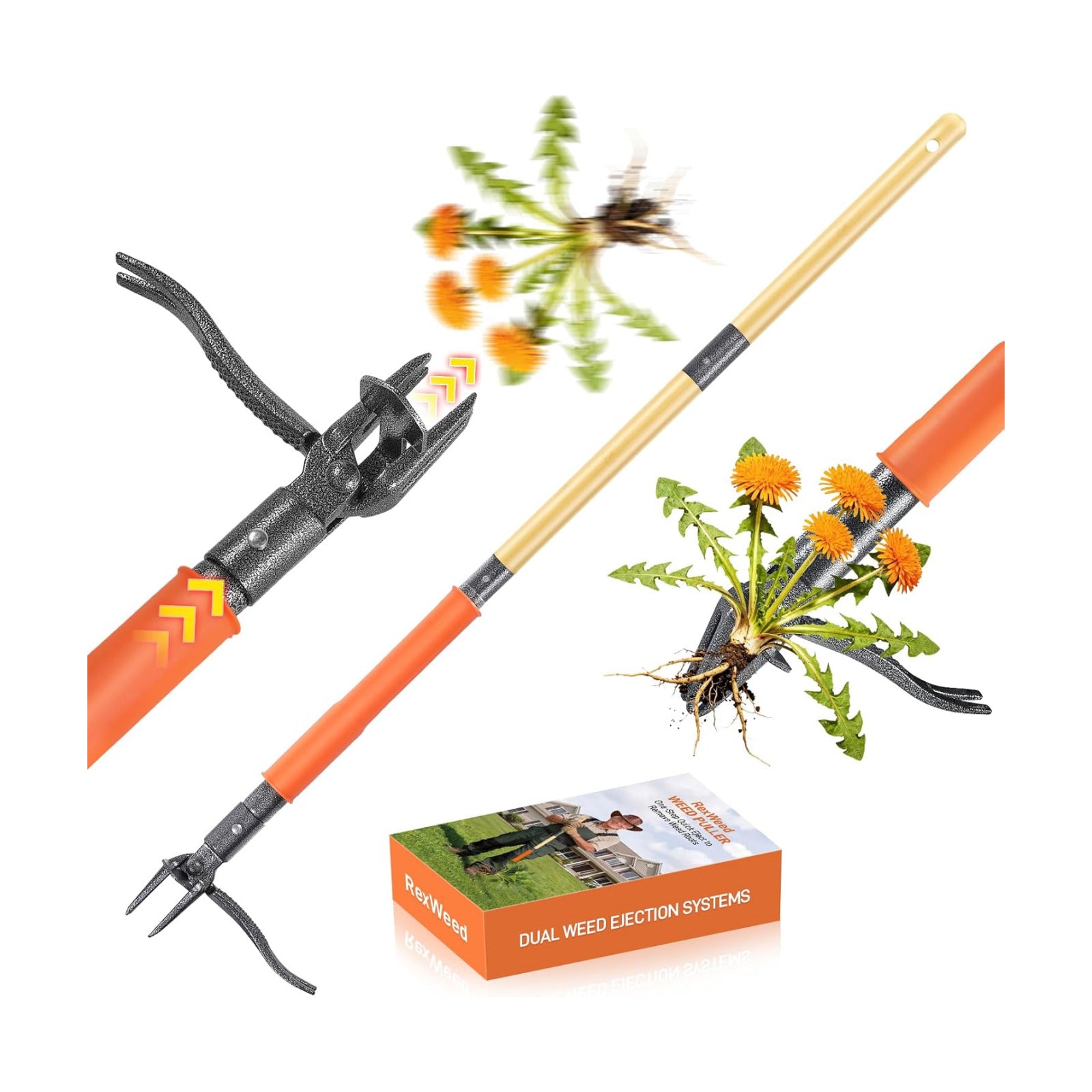 Stand Up Weed Puller Tool, 4-Claw Steel Head Deep Root Extractor with Dual-Eject Design, Real Bamboo Long Handle &