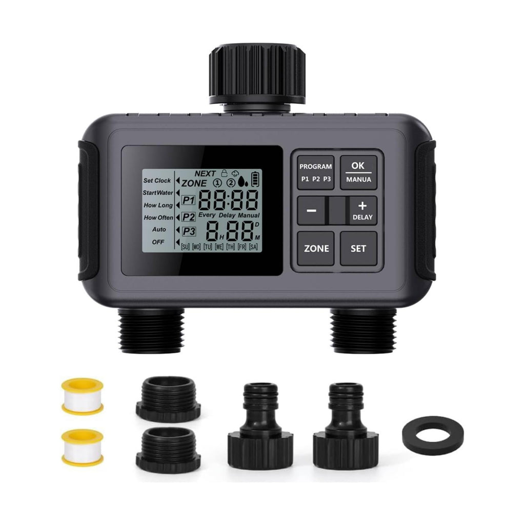 Uzoli 2-Zone Sprinkler Timer for Garden Hose, Programmable Water Timer | Automatic & Manual Mode, Rain Delay, IP55
