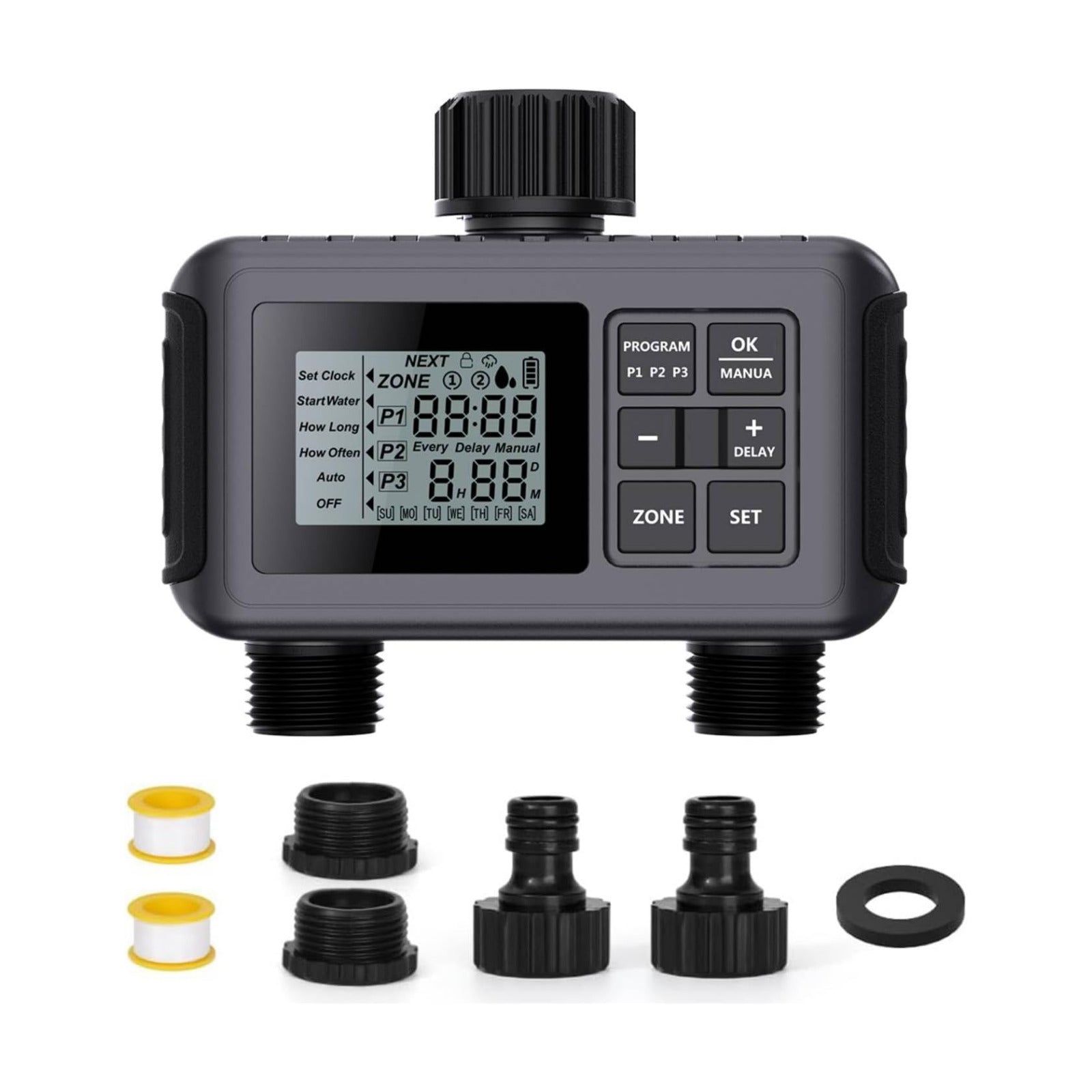 Uzoli 2-Zone Sprinkler Timer for Garden Hose, Programmable Water Timer | Automatic & Manual Mode, Rain Delay, IP55