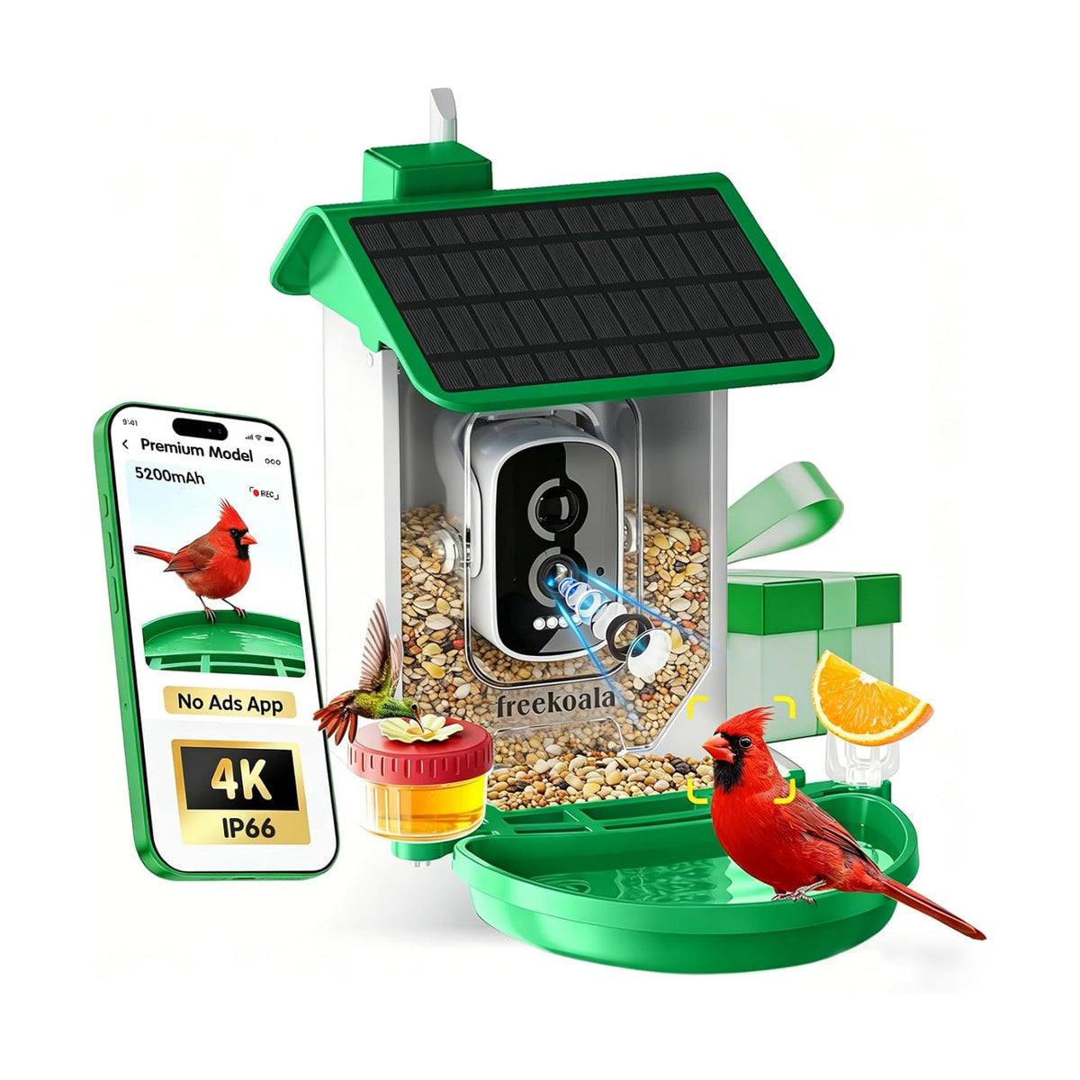 Bird Feeder with Camera, Upgraded Model, 4K UHD AI Bird Camera, Instant Arrival Alerts, Solar Powered, 5200mAh Rechargeable Battery, IP66 Waterproof Outdoor, Gift for Bird Lovers, Green