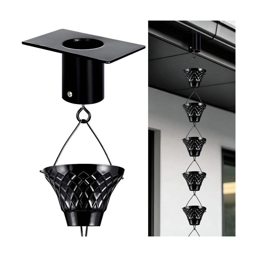 8.5 FT Black Rain Chain with Adapter for Gutters Downspouts Outside | 16 Cups, Large Opening to Avoid Splashing, Easy
