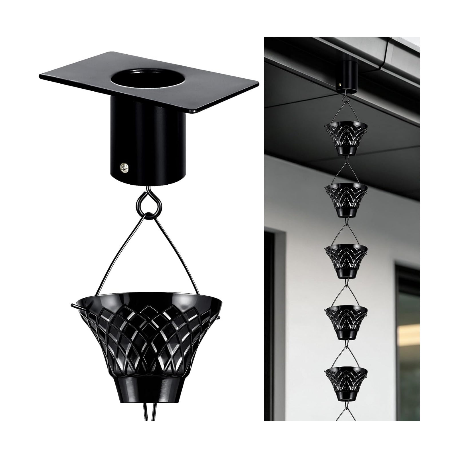 8.5 FT Black Rain Chain with Adapter for Gutters Downspouts Outside | 16 Cups, Large Opening to Avoid Splashing, Easy