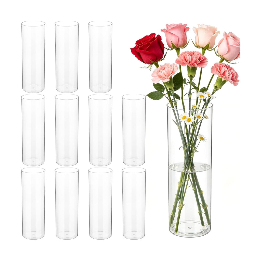 12 PCS Plastic Cylinder Vase 11.5 Inch Cylinder Vase Bulk Clear Flower Container Hurricane Candle Holder Round Wide Container Centerpiece for Home Office Wedding Decor (11.5 Inch)