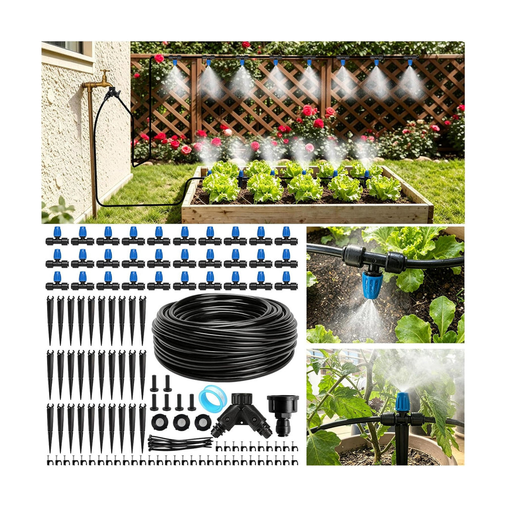 Riboud 165FT Drip Irrigation Kit, Quick-Connect Garden Watering System with 30 Adjustable Misting Nozzles for Garden