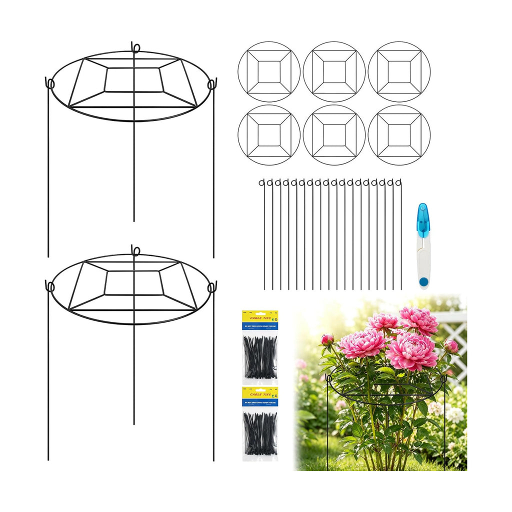 8 Pack Peony Cages and Supports with 100 Cable Ties and a Pair of Scissors | 12" D x 16" H Heavy Duty Metal Plant