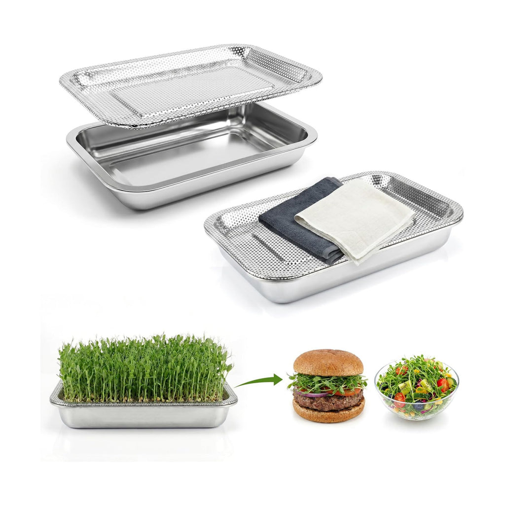 2 Pcs Stainless Steel Seed Sprouting Trays with Towel & Gauze (12.6 x 8.6) | 2-Tier Soil-Free Microgreens Growing Kit