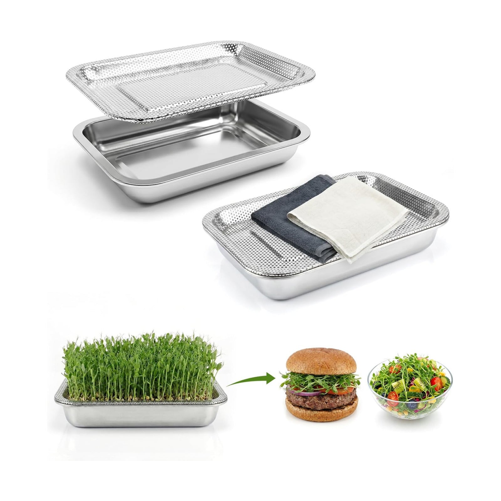 2 Pcs Stainless Steel Seed Sprouting Trays with Towel & Gauze (10.6 x 7.8) | 2-Tier Soil-Free Microgreens Growing Kit