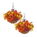 Hananona 2 Set Artificial Outdoor Fall Flowers with Hanging Basket, 2 Packs Hanging Planters with 24 Pcs Faux Fall Mums for Autumn Front Porch Garden Patio Home Decor (2, Orange,Yellow,Burgundy)