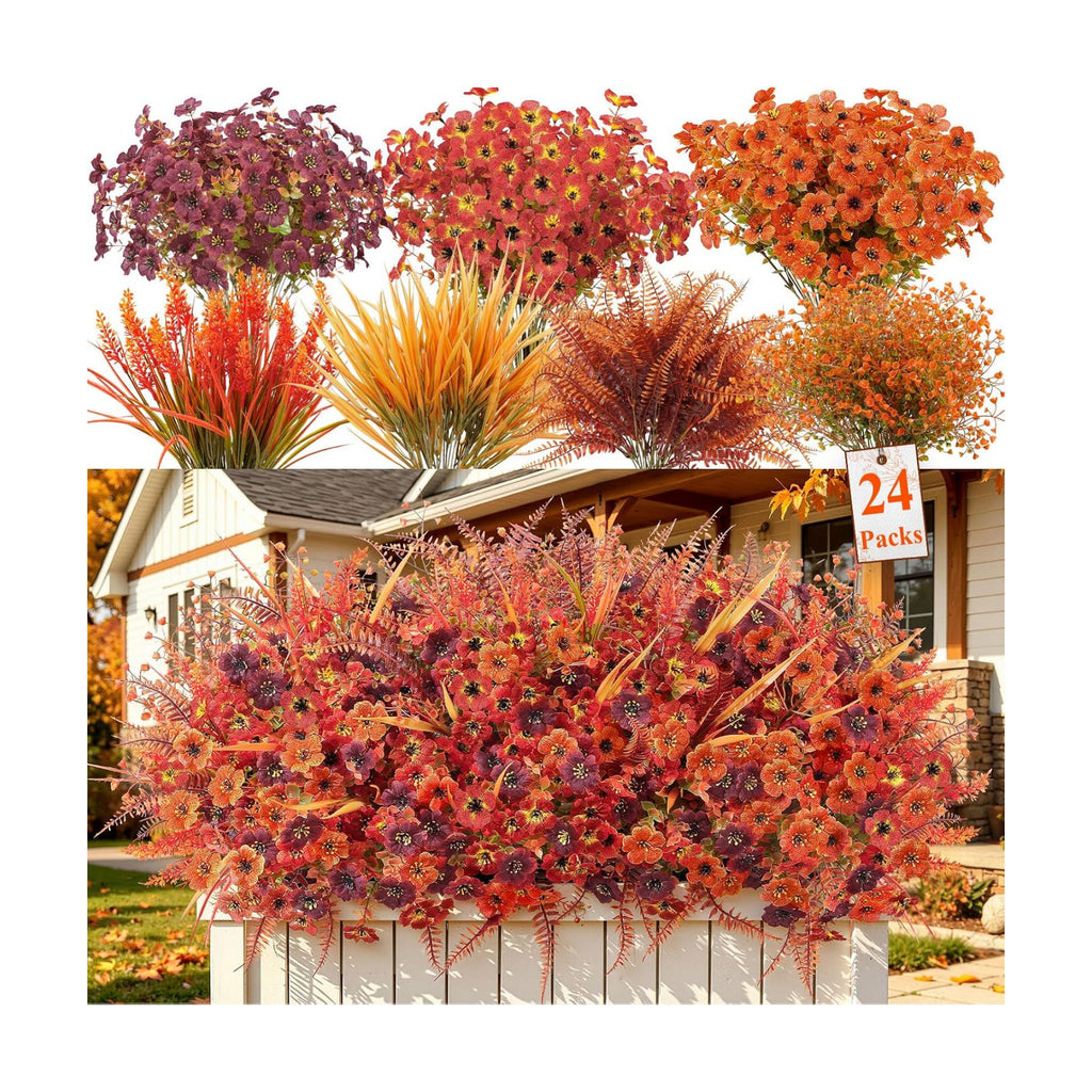 Alupssuc 24Pcs Artificial Fall Flowers for Outdoors Decor, Fake Mums Plants