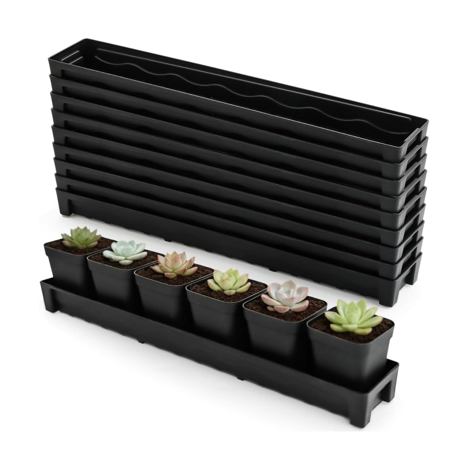 RooTrimmer 10 Pack Plastic Windowsill Saucer with 2.8 inch (7CM) Square Nursery Pots 60pcs, Rectangular Window Sill