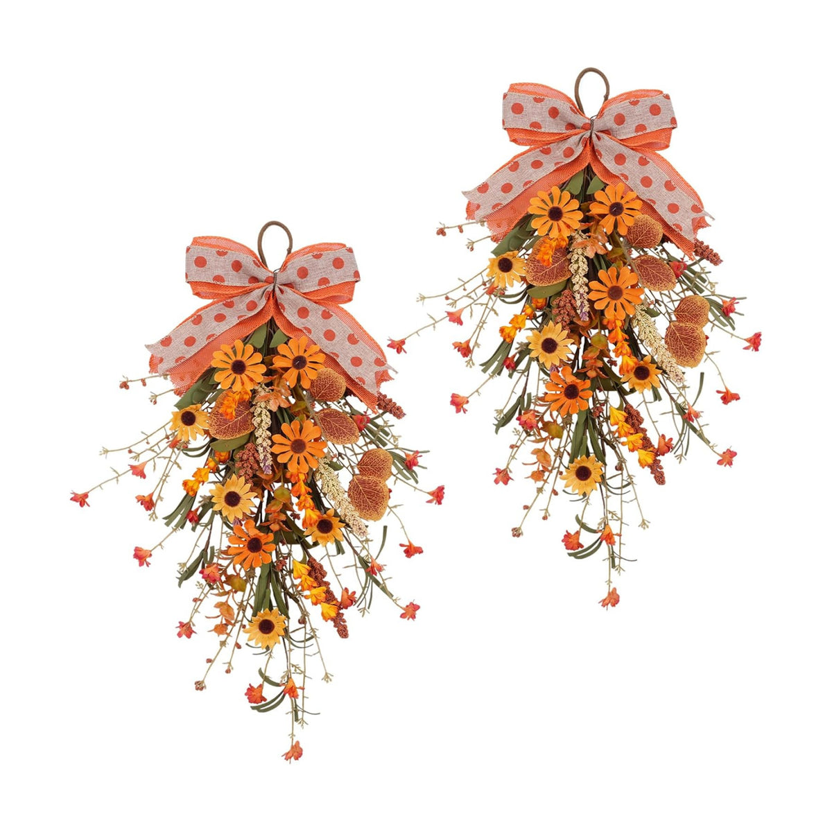 20 Inch Fall Teardrop Swags for Front Door, Autumn Swag with Daisies,Sunflowers, Fall Leaves, Burlap Bow, Fall Door Swag for Porch, Window, Mantel, Thanksgiving Farmhouse Decor