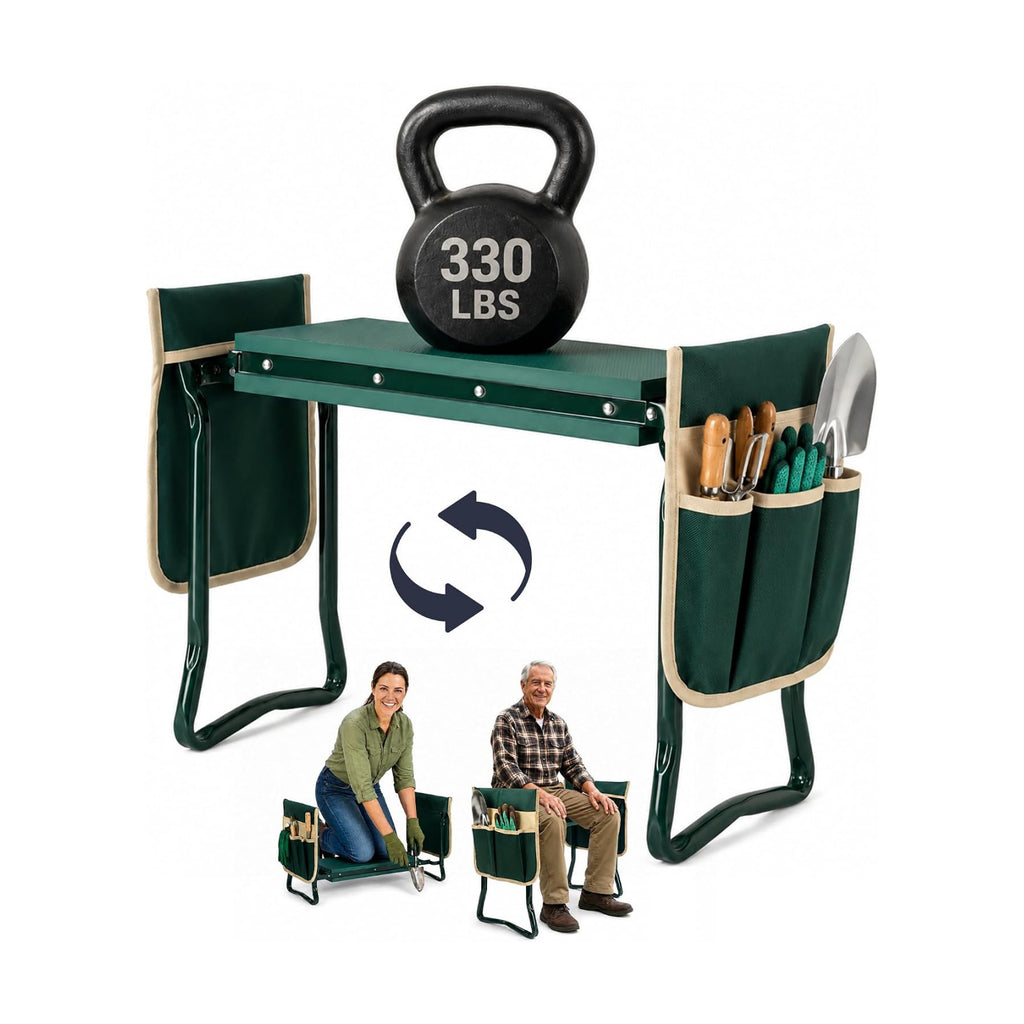 Flora Foldable Garden Kneeler and Seat – Heavy Duty Gardening Bench with Extra-Wide Soft Pad & 2 Tool Pouches – Durable