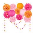 14 Pcs Pink Orange Party Decorations, Pom Poms, Paper Lanterns, Garlands