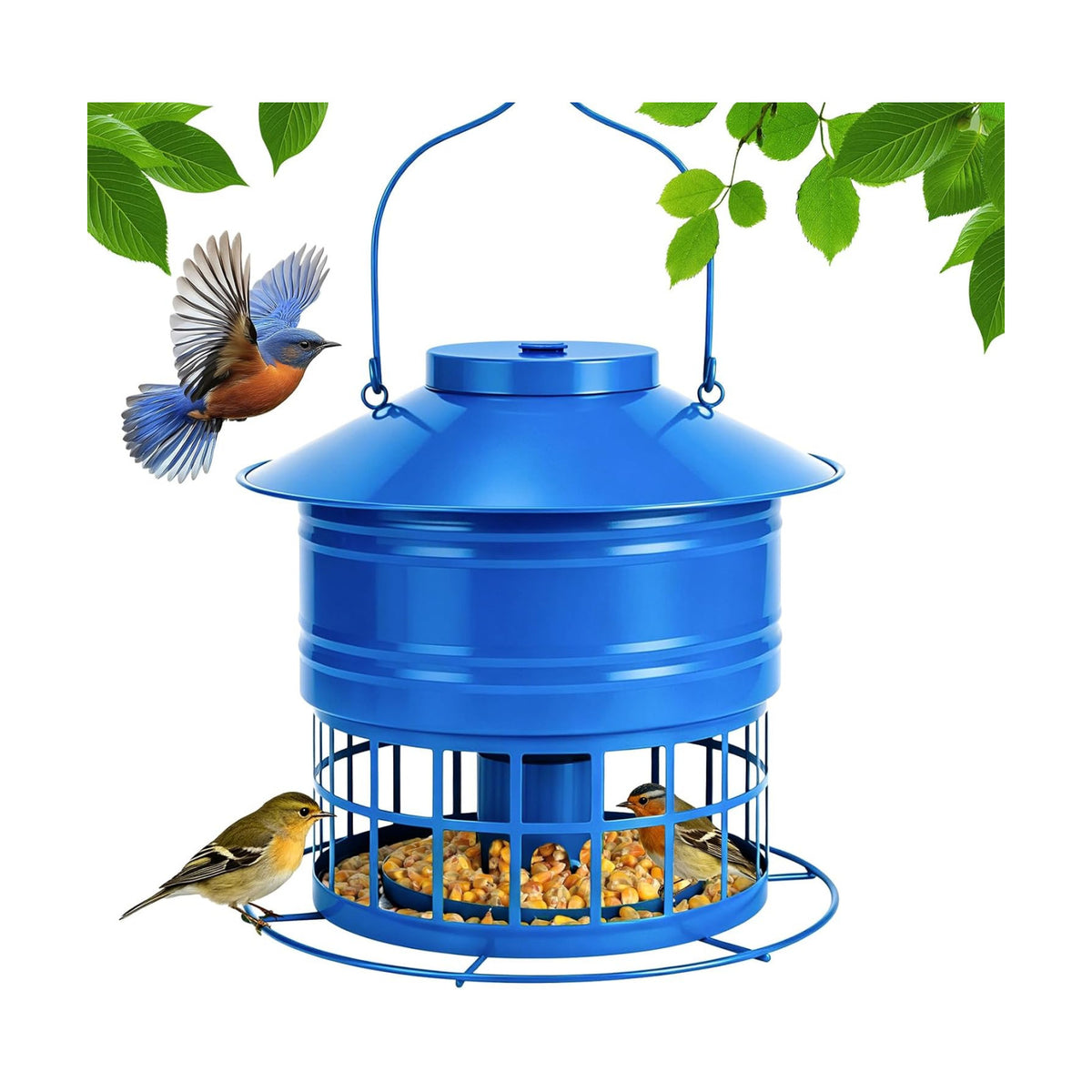 Bird Feeder for Outdoors, Squirrel Proof Bird Feeder for Outside 10LB Metal Caged Wild Bird Feeder with 32 Feeding Ports, Hanging Birdfeeder for Small Birds, Cardinals, Bluebirds, Finches (Blue)