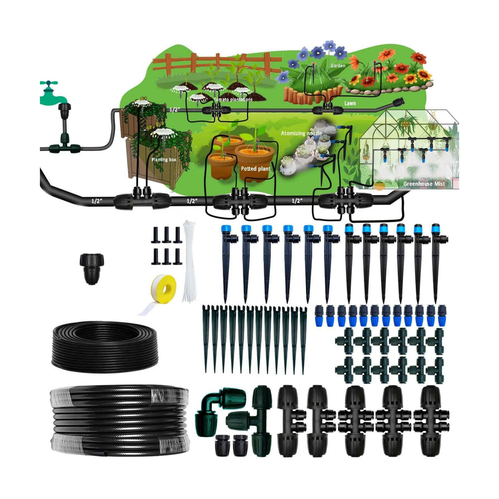Drip Irrigation Kit for Garden,Main ID 1/2inch 16.5Ft and 1/4inch 96Ft Water Hose, Watering System Sufficient Water