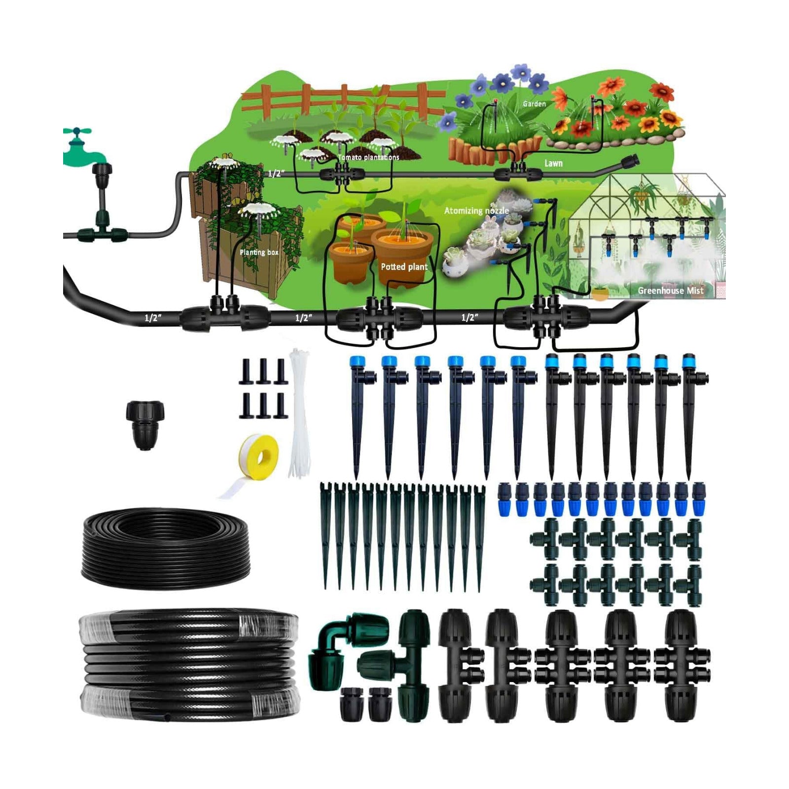 Drip Irrigation Kit for Garden,Main ID 1/2inch 16.5Ft and 1/4inch 96Ft Water Hose, Watering System Sufficient Water
