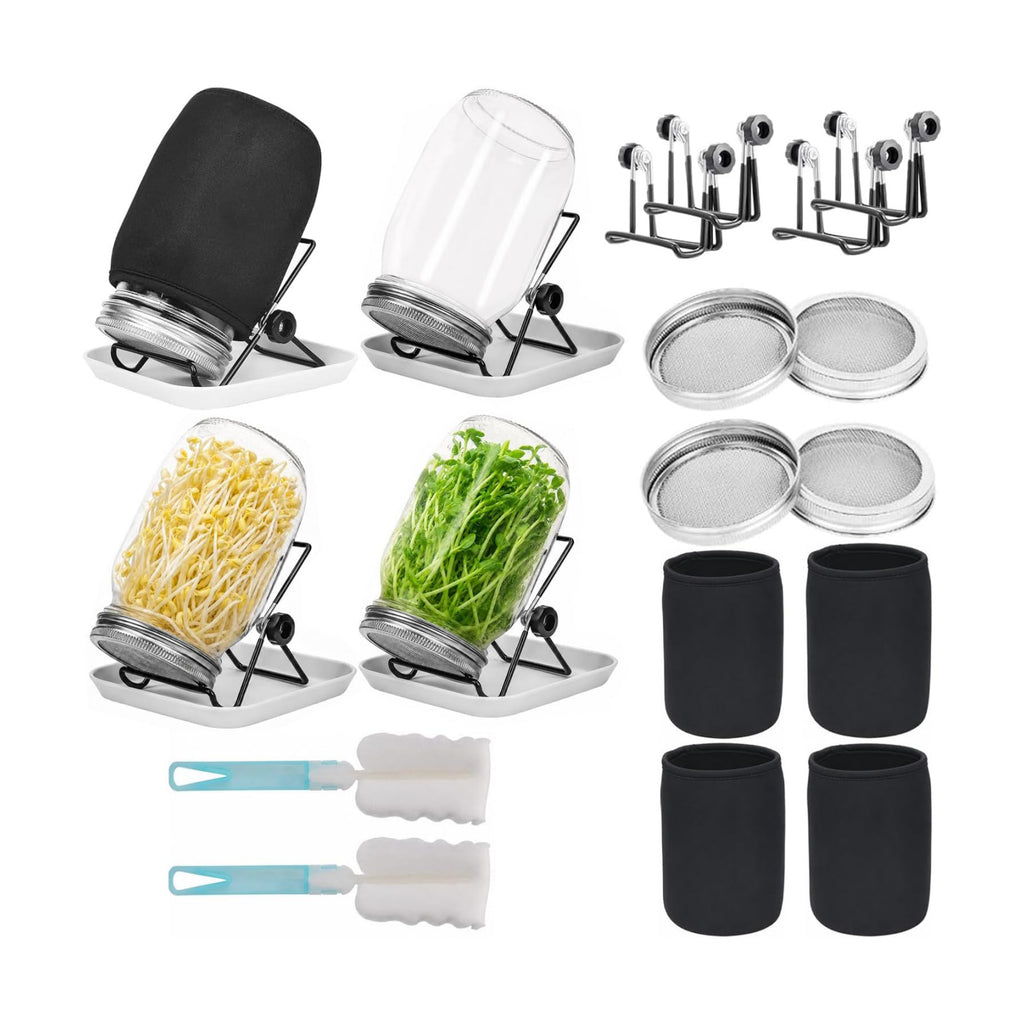 Seed Sprouting Jar Kit, 4 Pack 1000ml/34oz Mason Jars with Stainless Steel Lids, Stand, Tray & Brush for Fresh Sprouts