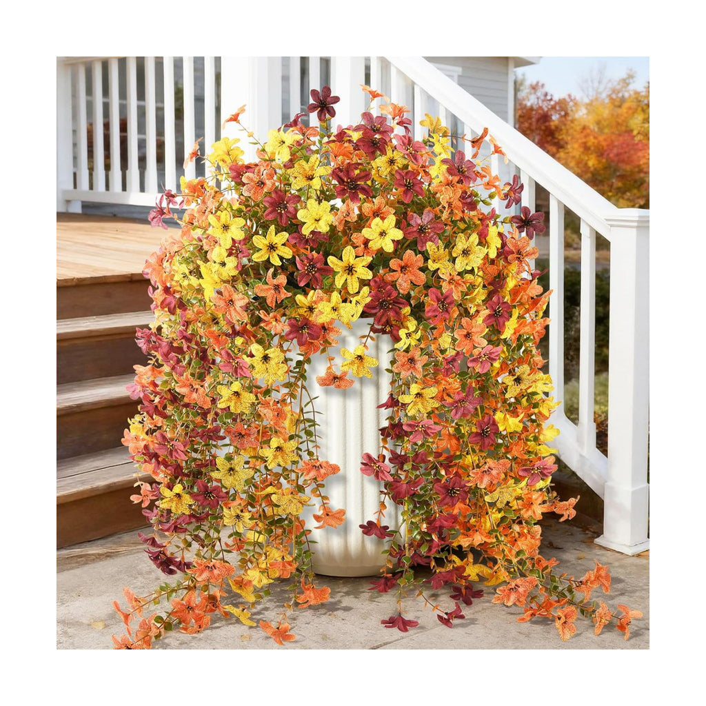 INQCMY Artificial Fake Hanging Flowers Plants for Outdoor Fall Decoration | 2PCS Faux Silk Daisy with Eucalyptus