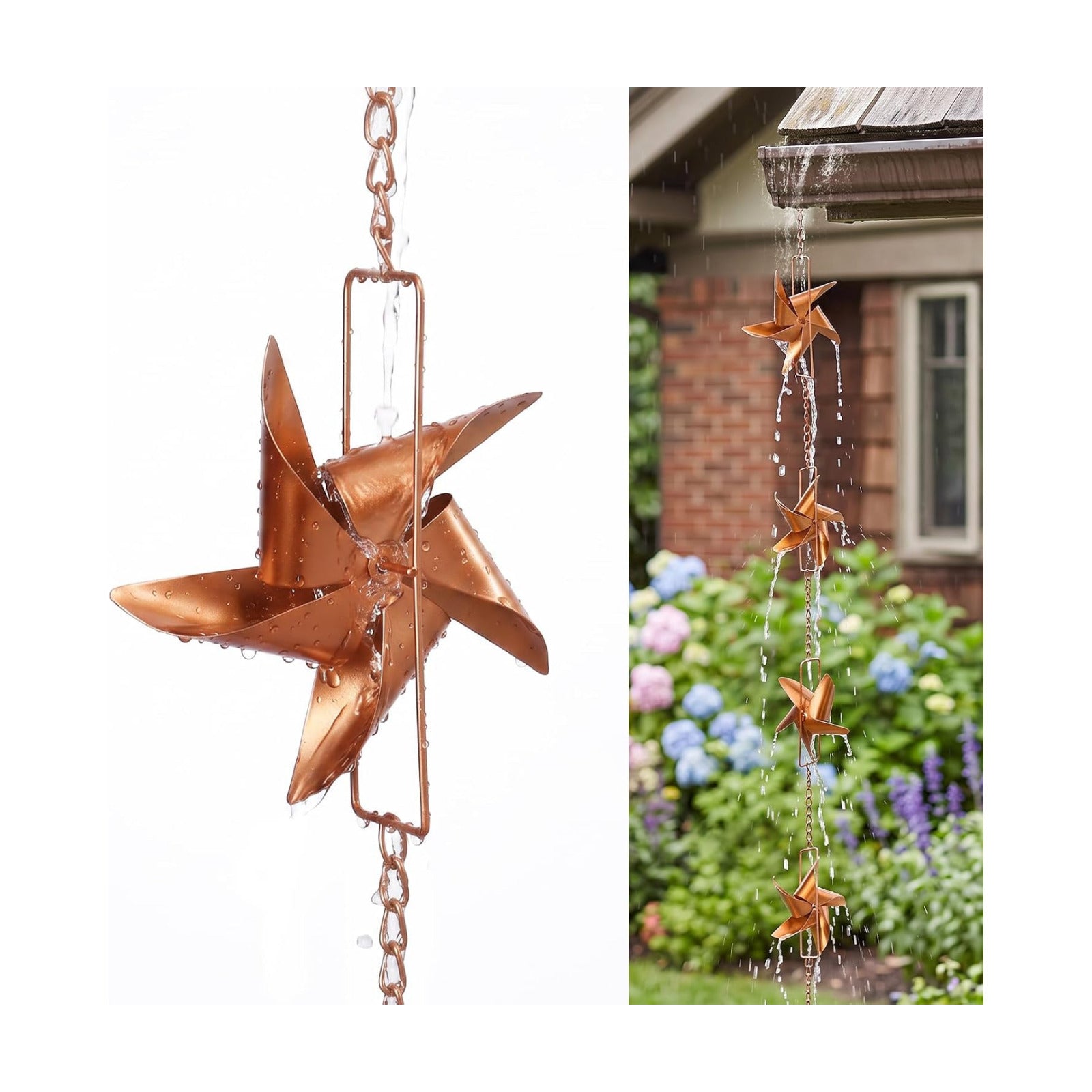 6 FT Rain Chain with 6 Windmill Cups Outdoor Gutter Downspout Decor | Rain Chains for Gutters, Windmill Rain Catcher