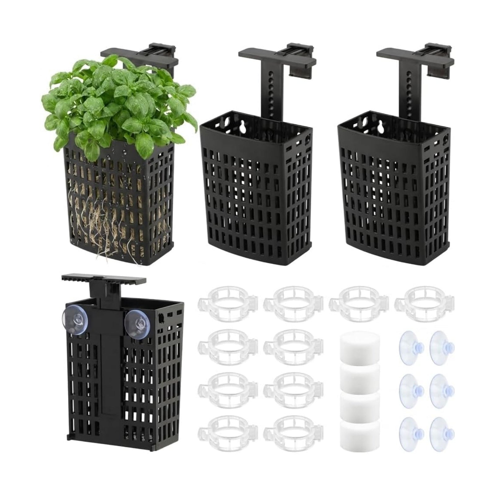 4 Pack Adjustable Aquarium Plant Holders, Hanging Hydroponic Baskets | Fish Tank Plant Holder with Plant Fixing Clips