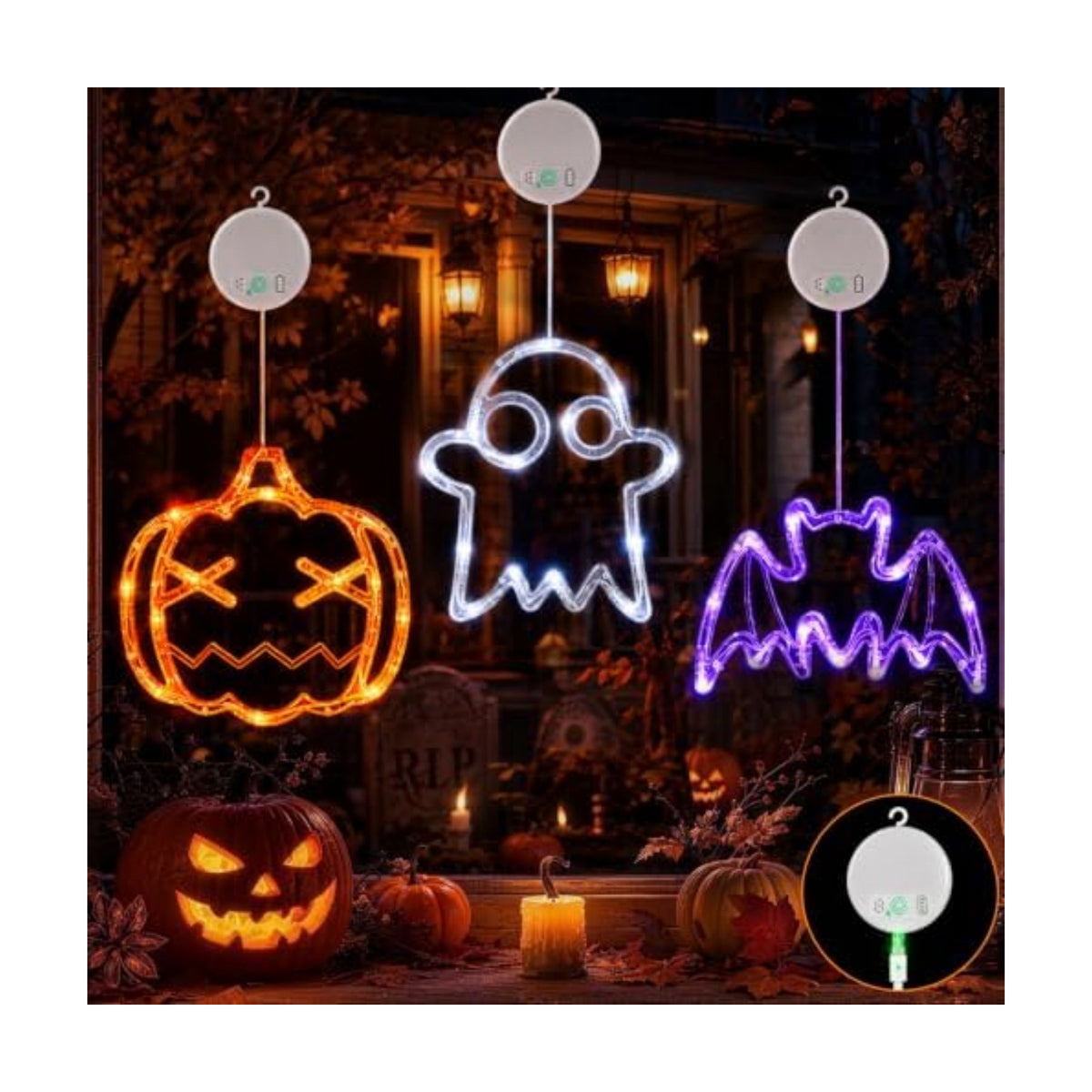LOLStar USB Rechargeable Pumpkin Ghost Bat Halloween Window Lights, 3 Pack