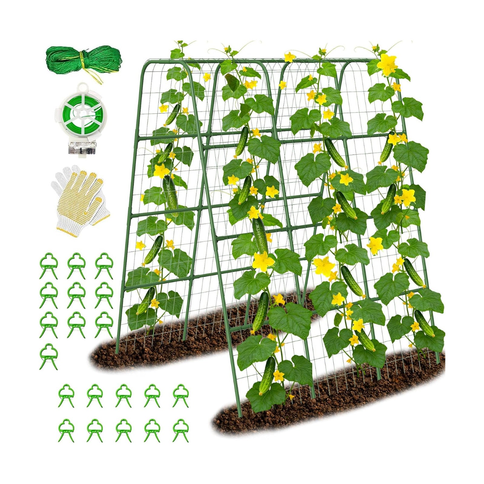 63" Tall Garden Trellis for Climbing Plants, 16mm Heavy Duty Metal Frame Cucumber Trellis with Netting, 20 Plant Clips