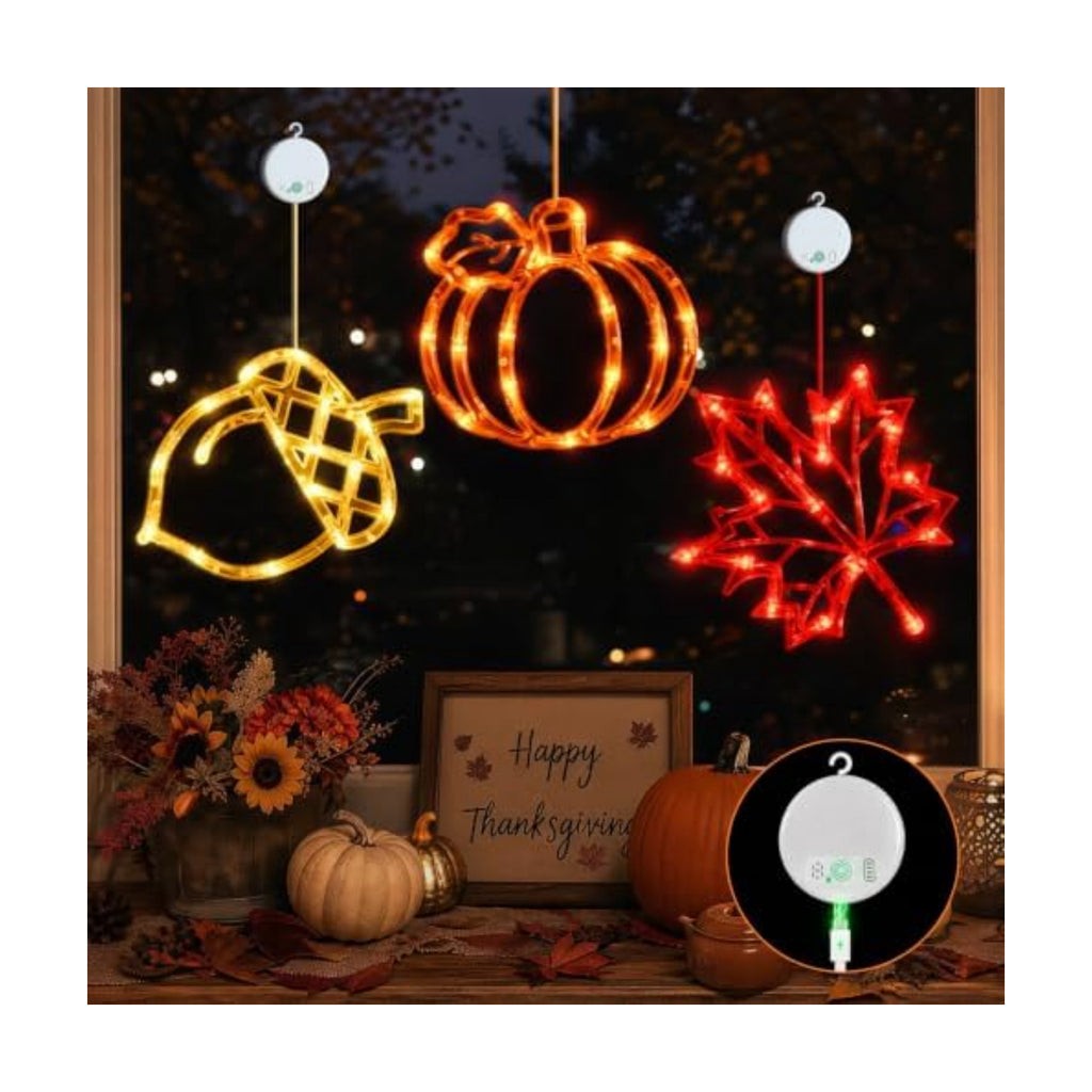 LOLStar Acorn Maple Leaves Pumpkin Thanksgiving Lights, 3 Pack Rechargeable