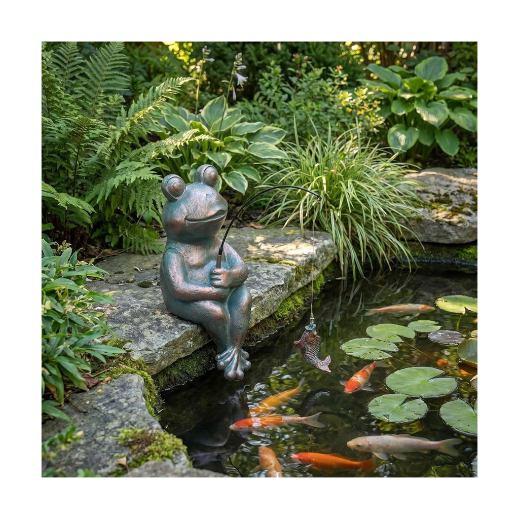 Frog Fishing Statue Garden Decor – 9.8" Weatherproof Resin Frog Fishing Sculpture Decor for Fish Ponds, Koi Ponds