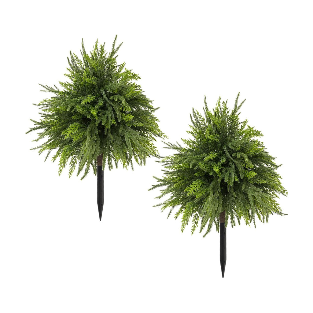 FJAKA 2 Pack 24" Christmas Pot Fillers Urn Outdoor Front Porch, Artificial Faux Christmas Trees Topiary Planter Plants with Ground Spike, for Garden, Cemetery Patio and Holiday Decorations