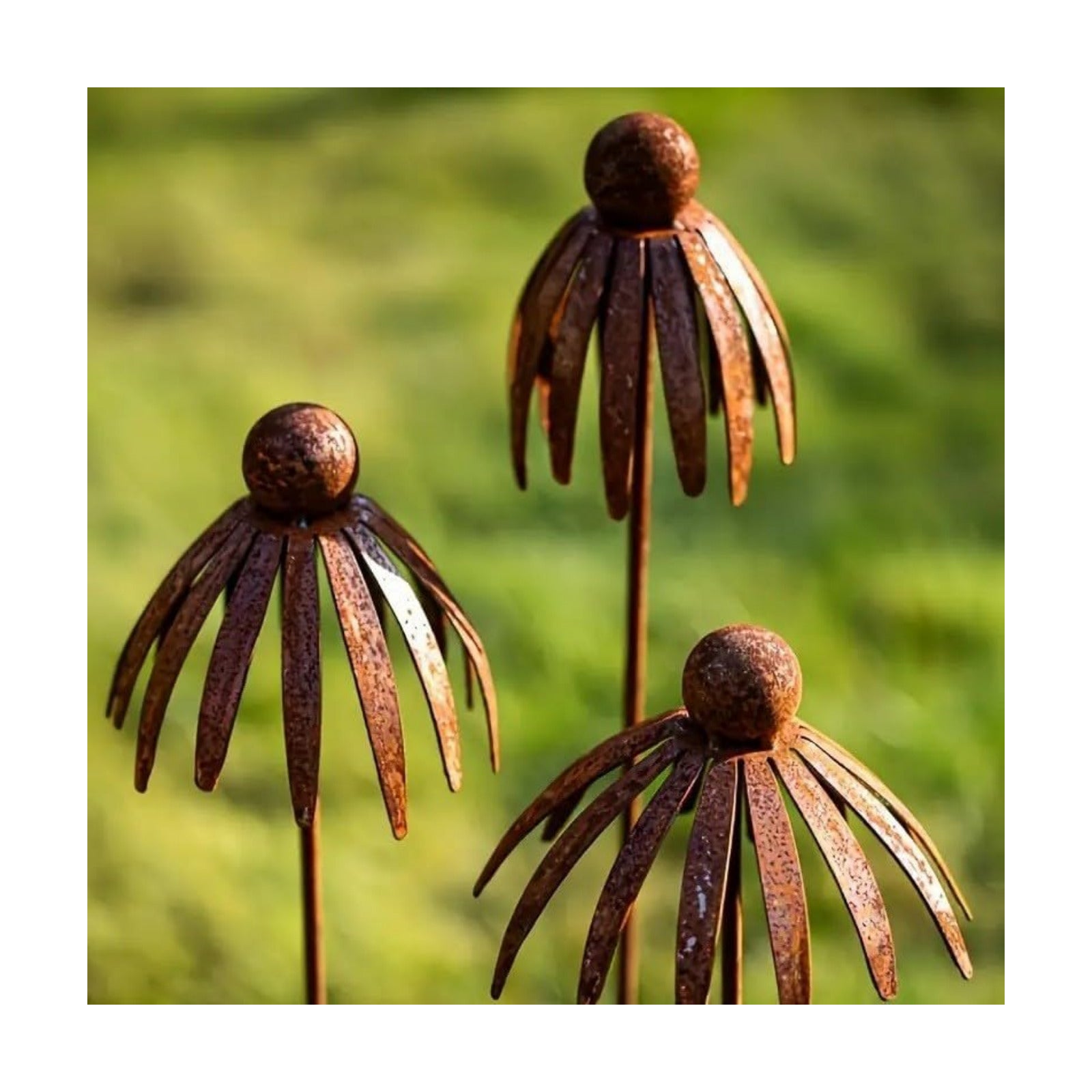 Rustic Metal Coneflower Garden Stakes, Set of 3, Rusted Iron Daisy Yard Art, 30.71x5.12 Inch, Weather-Resistant Lawn