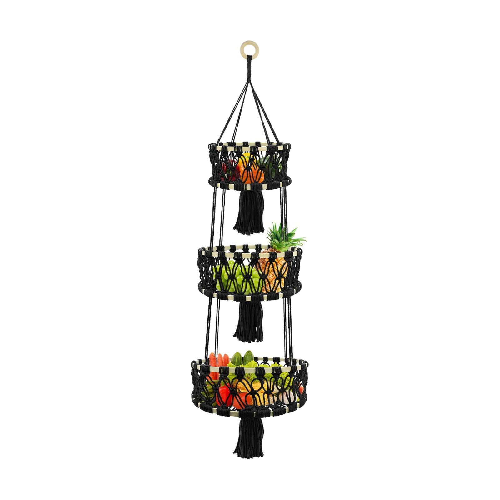 3-tier Hanging Fruit Baskets for Kitchen, Woven Cotton Rope Fruit Hammock, Macrame Hanger Holder for Fruit Vegetable