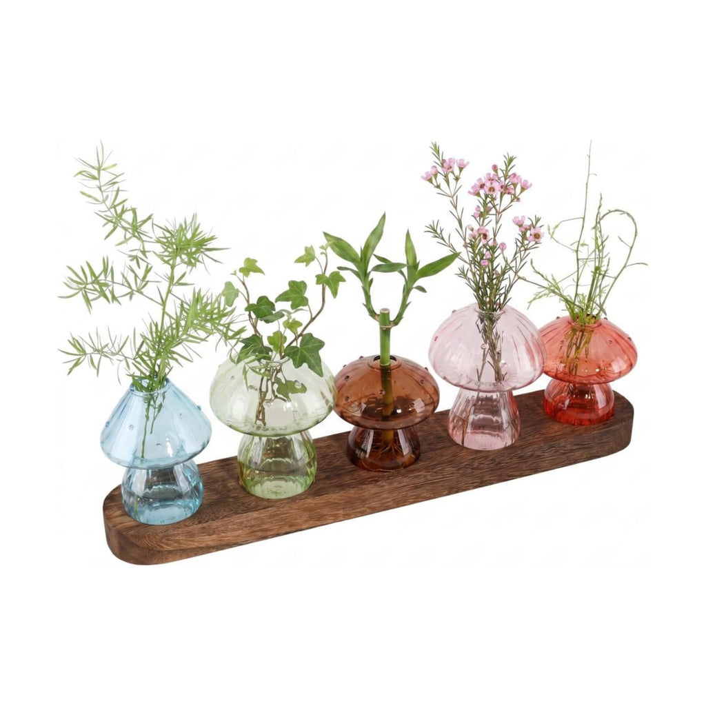 Mushroom Plant Propagation Station, 5 Vases, Wooden Stand | Colored Glass, Hydroponic, Mini Terrarium Planter, Indoor