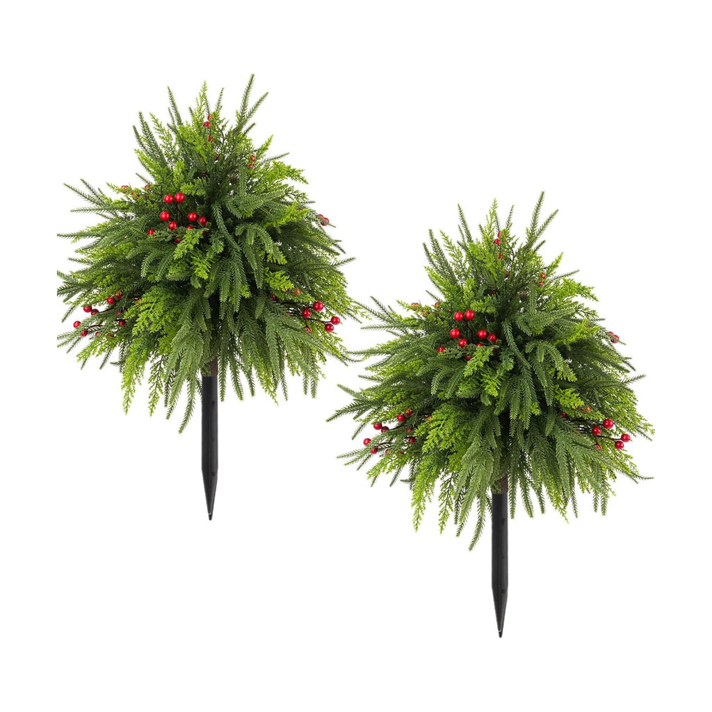 FJAKA 2 Pack 24" Christmas Tree Urn Fillers for Outdoor Planters, Artificial Greenery Cedar Pots with Pine Cones and Red Berry, for Front Porch, Garden, Cemetery Yard and Holiday Decor