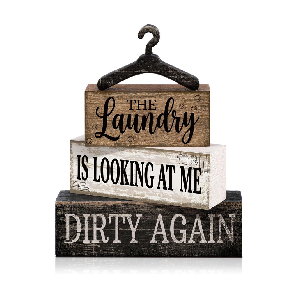 Moucuny 4 Pcs Farmhouse Laundry Room Decor and Accessories Stacked Blocks