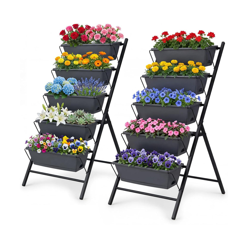 GIANTEX 5 Tier Vertical Planter Set of 2, Raised Garden Bed with Drainage Holes & Removable Trays, Metal Frame Elevated