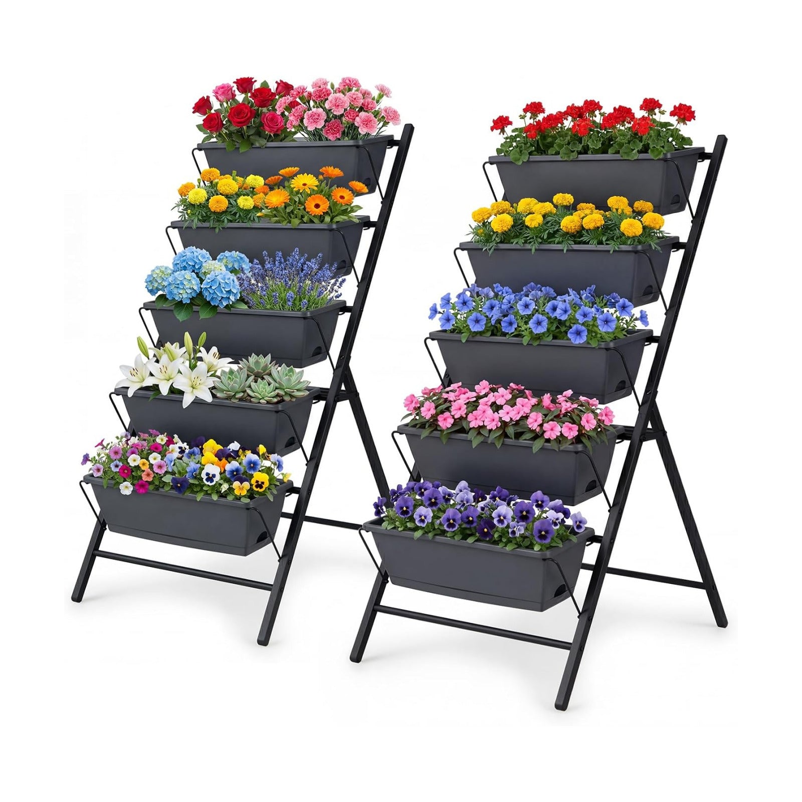 GIANTEX 5 Tier Vertical Planter Set of 2, Raised Garden Bed with Drainage Holes & Removable Trays, Metal Frame Elevated